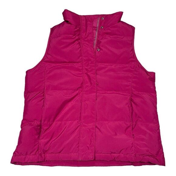 LL Bean Pink Puffer Vest Womens Medium Fuschia Hot Full Zip Button Up Winter - Picture 1 of 4